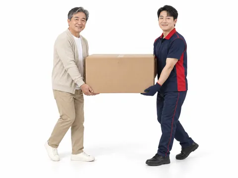 고객과 기사가 함께 종이 상자를 드는 모습