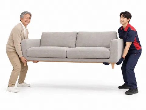 고객과 기사가 함께 소파를 드는 모습